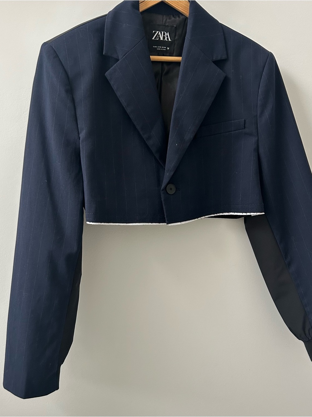 Zara Navy Cropped Pinstripe Blazer Bomber Jacket
